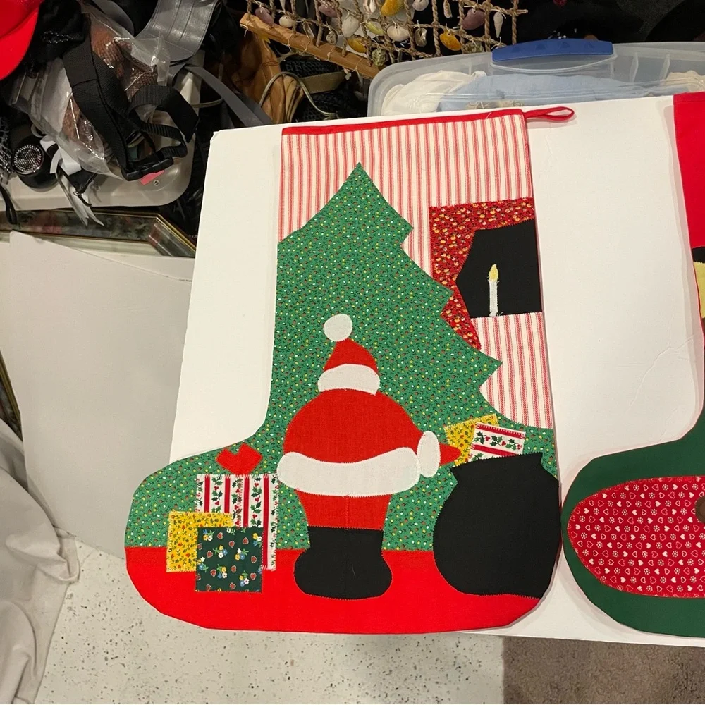 Vintage giant patchwork Christmas holiday stockings set of 2 patchwork cottage
